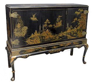 CHINESE FIGURAL BLACK LACQUERED SIDEBOARD