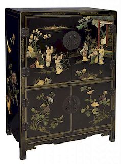 CHINESE BLACK LACQUER CABINET WITH APPLIED STONES
