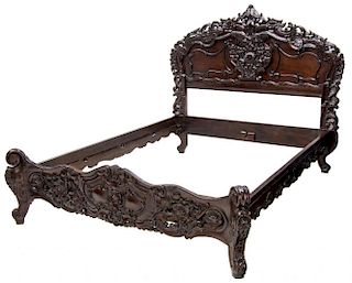 HAND-CARVED MAHOGANY ROCOCO STYLE QUEEN SIZE BED