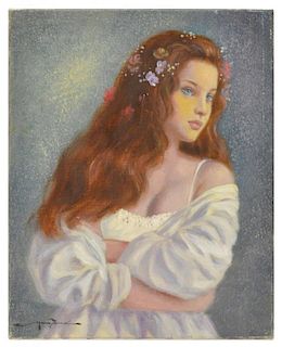 UNFRAMED PAINTING, YOUNG WOMAN WITH FLOWERS