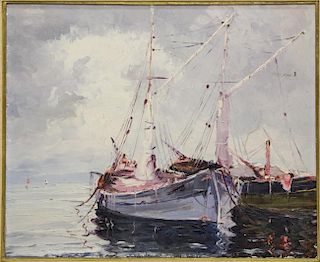 FRAMED PAINTING ON CANVAS, BOAT, SIGNED