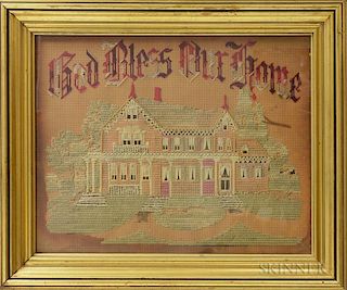 Framed "God Bless Our Home" Needlework and a Federal Reverse-painted Tabernacle Mirror.