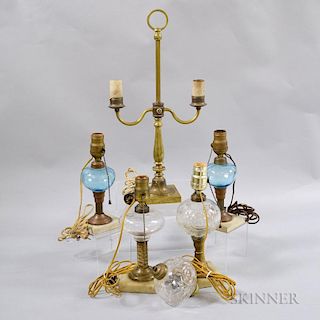 Five Brass and Glass Lamps.