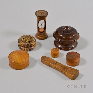 Four Treen Boxes, a Set of Apothecary Measures, a Clip, and a Minute Glass.