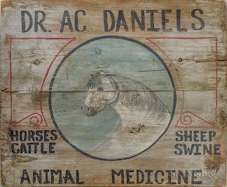 Paint-decorated "Dr. A.C. Daniels Animal Medicine" Trade Sign
