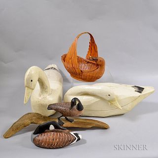 Four Polychrome Carved Wood Swan and Goose Decoys and a Goose-form Basket