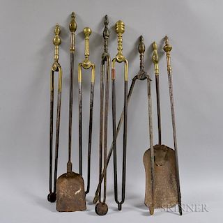 Group of Turned Brass and Iron Fireplace Tools.