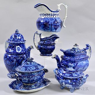 Six Staffordshire Blue and White Transfer-decorated Ceramic Items