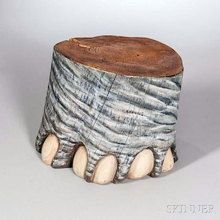Polychrome Carved Wood Elephant-foot Footstool