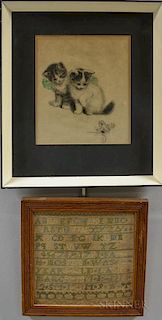Framed Needlework Sampler and a Lithograph of Kittens and a Frog.