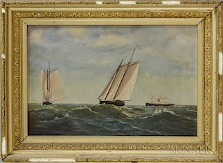 American School, 19th Century       Two Sailboats and a Steamer