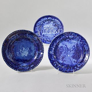 Three Staffordshire Historical Blue Transfer-decorated Plates