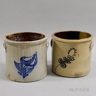 Two Cobalt Floral-decorated Stoneware Two-gallon Crocks