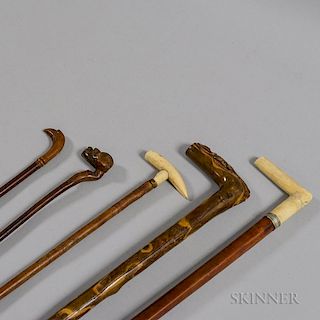 Five Carved Wood and Bone Canes