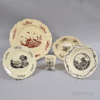 Five Transfer-decorated Creamware Items
