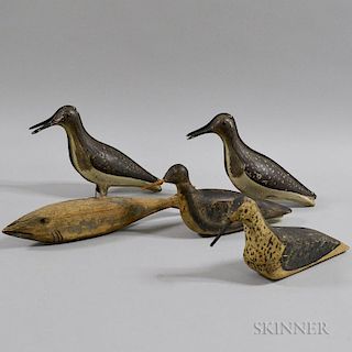 Four Painted Tin and Carved Wood Shorebirds and a Fish