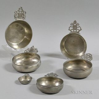 Five Pewter Porringers and a Wine Taster
