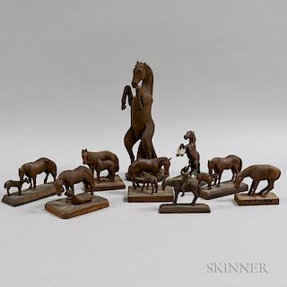 Nine C.N. Carpenter Carved Wood Horse Figures