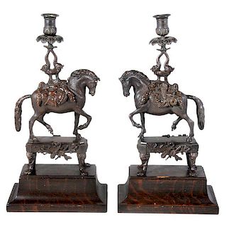 Pair Regency Style Bronze Horse Candlesticks