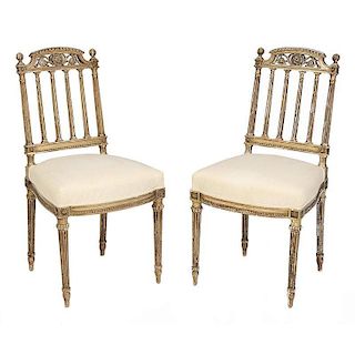 Pair Louis XVI Style Carved Giltwood Side Chairs