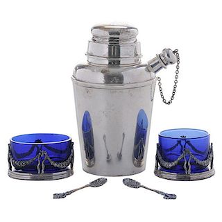Two Faberge Salts and Sterling Cocktail Shaker