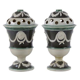 Pair Creamware Vases With Flower Frog Covers