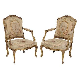 Louis XV Style Carved and Gilt Open Arm Chairs