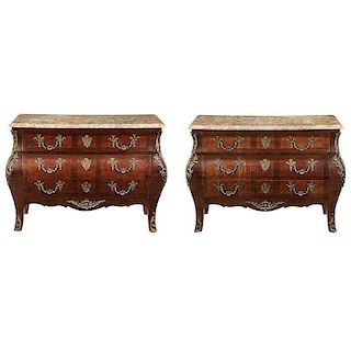 Pair Louis IV Style Parquetry Bombe Commodes*
