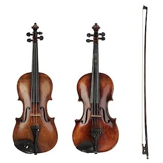 Two German Violins, One with Bow, in Cases