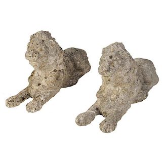 Pair Vintage Cast Stone Recumbent Garden Lions