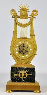 Signed French Empire Ormolu & Marble Lyre Clock