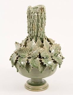 Celadon Glazed Candleholder w/ Poinsettia Motif