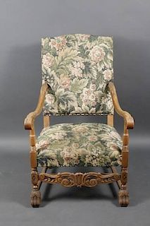 Carved Oak Floral Upholstered Armchair, 20th C.