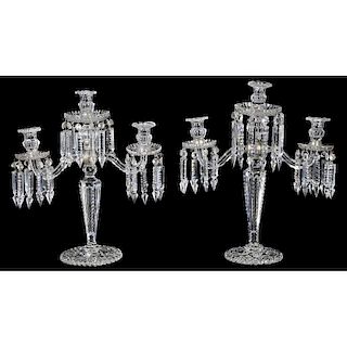 Two Similar Cut Glass Three-Cup Candelabras
