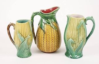 Collection of 3 Majolica Corn Motif Pitchers