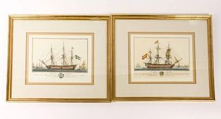 After G. Allezard, Pair of Colored Ship Engravings