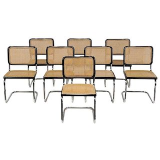 Set of Eight Chrome and Ebonized Dining Chairs
