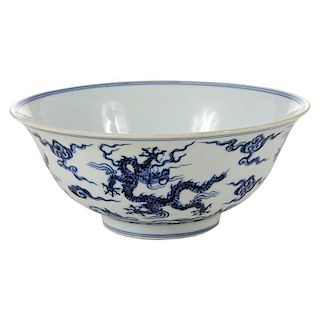 Blue and White Ming Style Porcelain Dragon Bowl