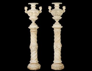 Pr. Large 19 Ct. Carved Alabaster Urns & Pedestals