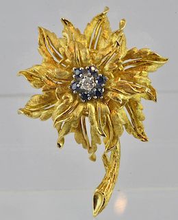 Blue Sapphire & Diamond Brooch, 18kt Yellow Gold