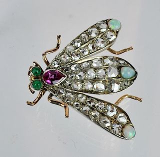 Antique Diamond, Black Opal, Ruby & Emerald Bee
