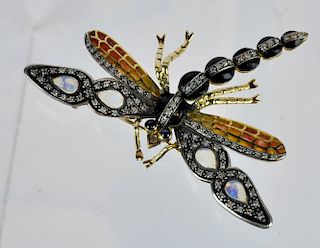 18Kt. Diamond, Opal & Enamel Dragonfly Brooch