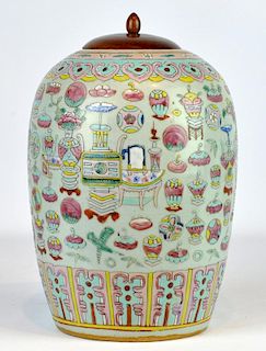 Large Chinese Porcelain Vase with Wood Lid