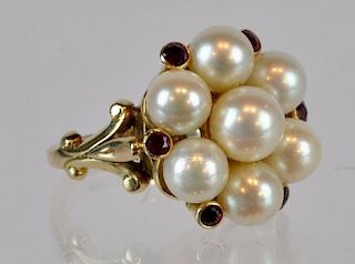 Cultured Pearl, Ruby Cluster Ring in 14Kt. Gold
