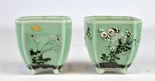 Pr. Chinese Celadon Porcelain Painted Planters