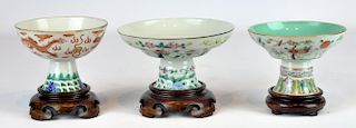 3 Chinese Porcelain Pedestal Dishes on Bases