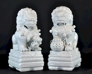 Pr. Chinese Blanc de Chine Porcelain Foo Dogs