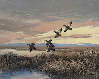 Roland H. Clark (1874-1957) Sunset - Black Ducks