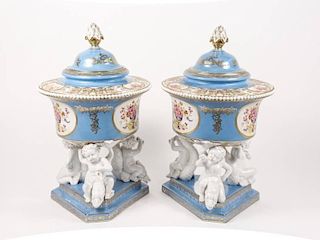 Pair of Palatial Sevres Style Porcelain Urns