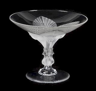 A Lalique Molded and Frosted Glass Compote, Height 6 5/8 inches.